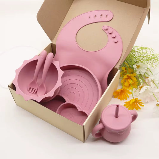 Rainbow Weaning Set - Complete 6-Piece Silicone Baby Feeding Set (Plate, Bowl, Utensils, Cup & Bib)
