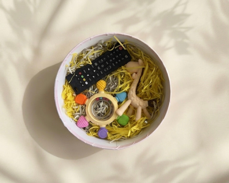 Teething Trio Bundle - Remote, Rainbow Rattle & Giraffe Silicone Teethers (3+ Months)