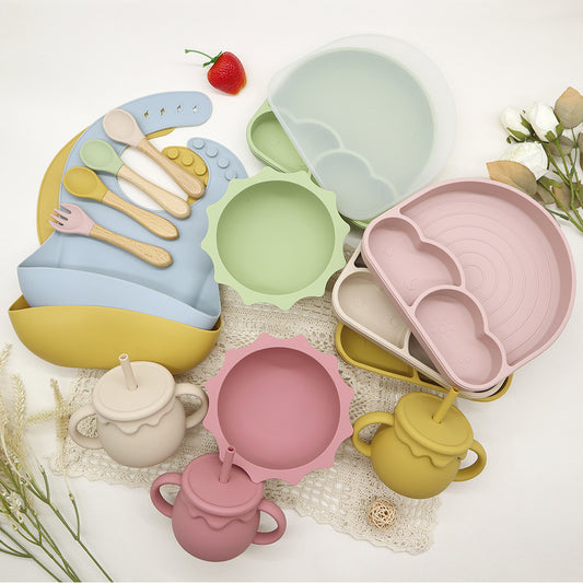 Rainbow Weaning Set - Complete 6-Piece Silicone Baby Feeding Set (Plate, Bowl, Utensils, Cup & Bib)