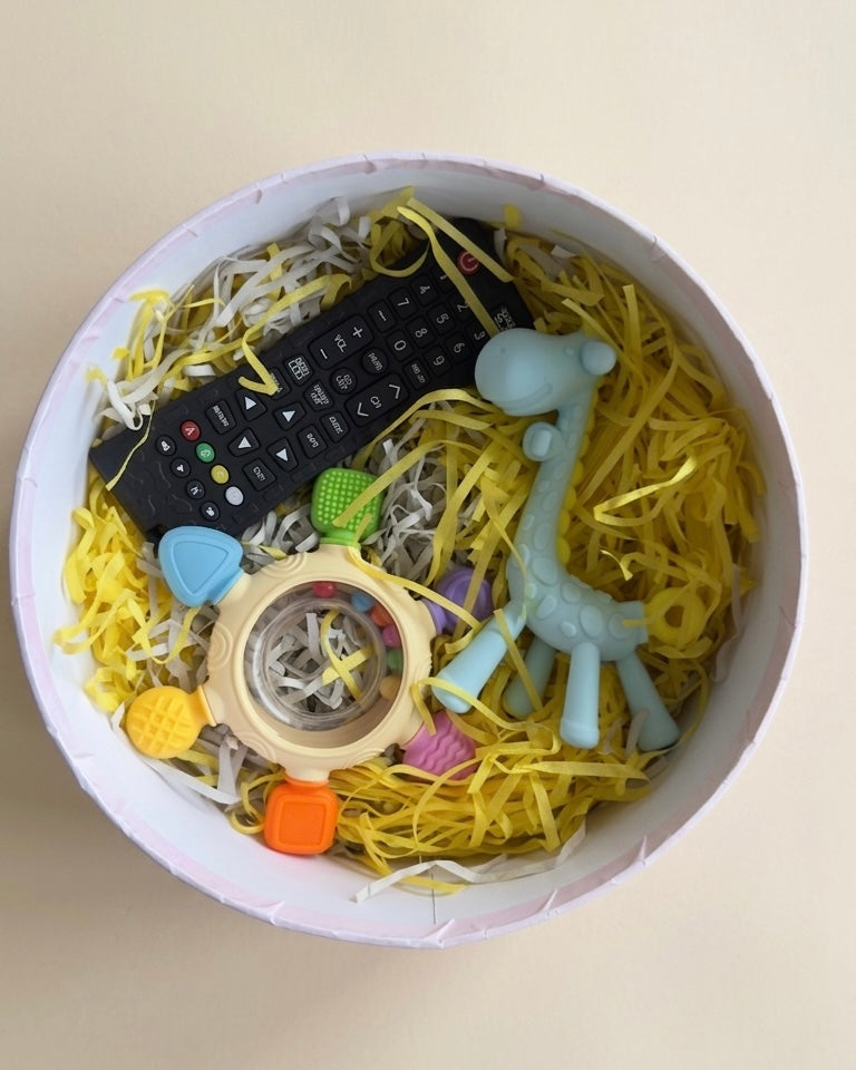 Teething Trio Bundle - Remote, Rainbow Rattle & Giraffe Silicone Teethers (3+ Months)