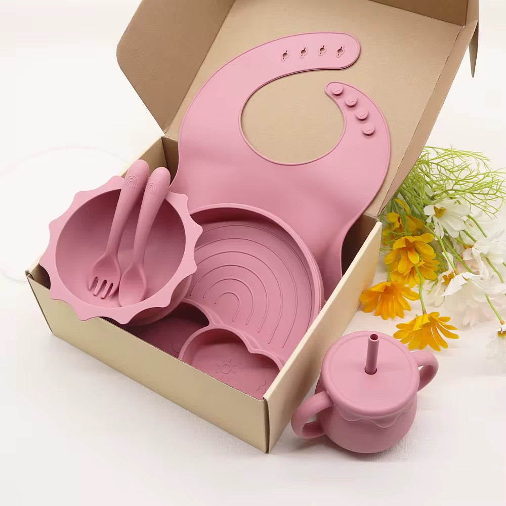 Rainbow Weaning Set - Complete 6-Piece Silicone Baby Feeding Set (Plate, Bowl, Utensils, Cup & Bib)