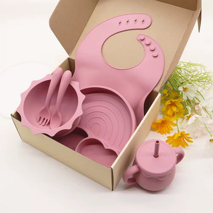 Rainbow Weaning Set - Complete 6-Piece Silicone Baby Feeding Set (Plate, Bowl, Utensils, Cup & Bib)