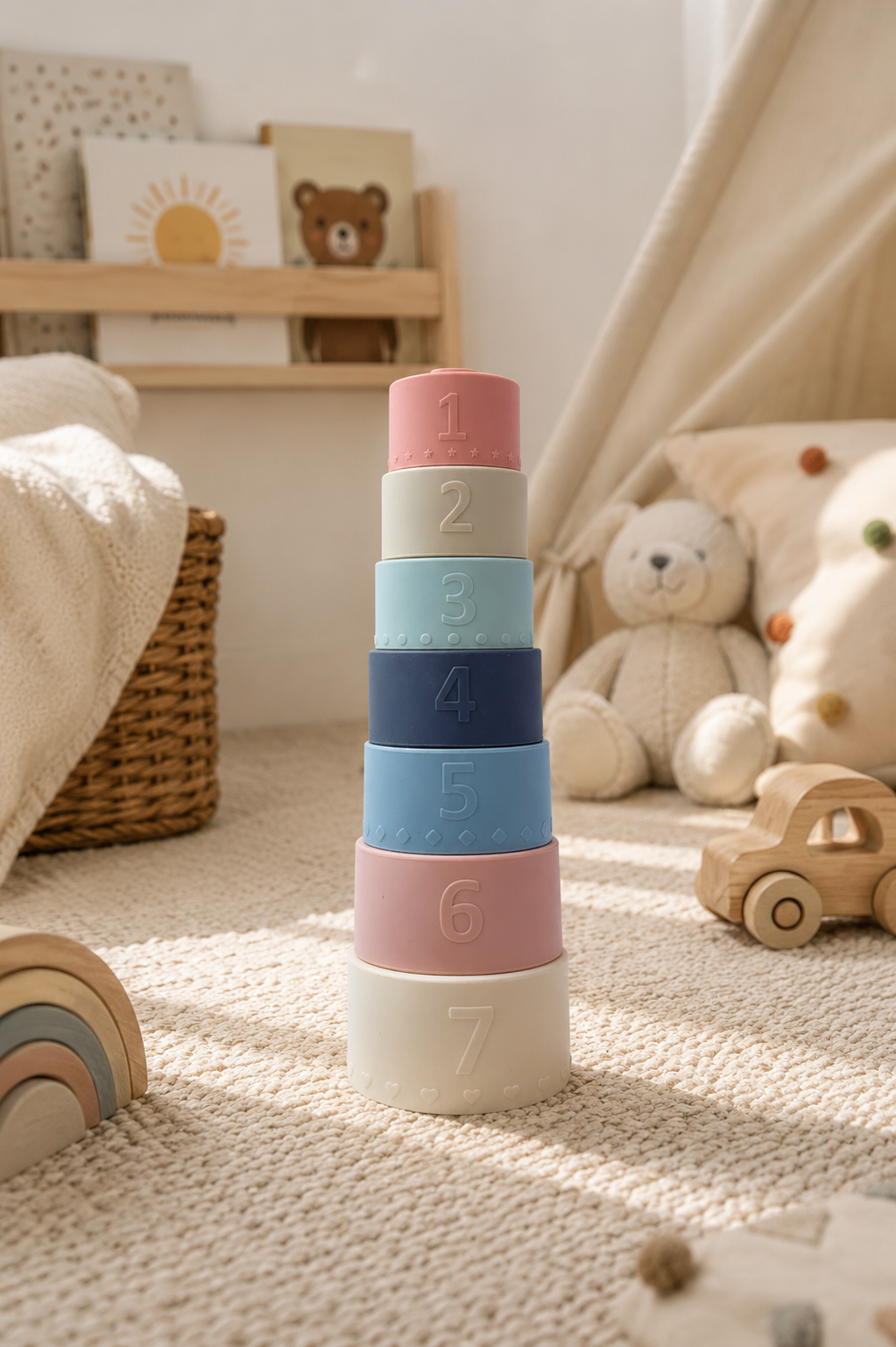 Silicone Stacking Cups - Montessori Learning Toy with Numbers (7-Piece Set, 6+ Months)