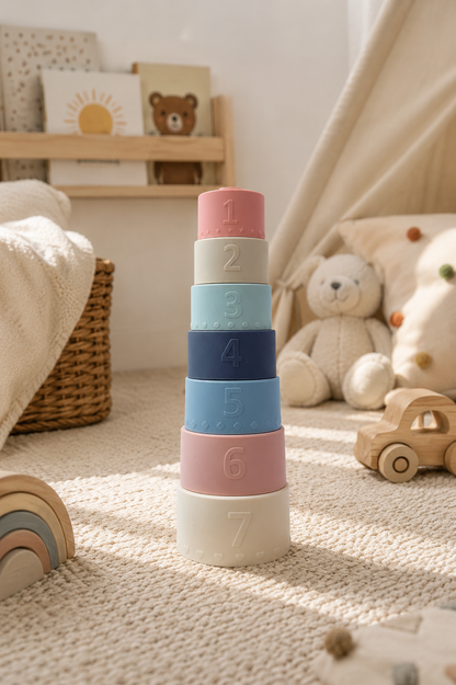 Silicone Stacking Cups - Montessori Learning Toy with Numbers (7-Piece Set, 6+ Months)