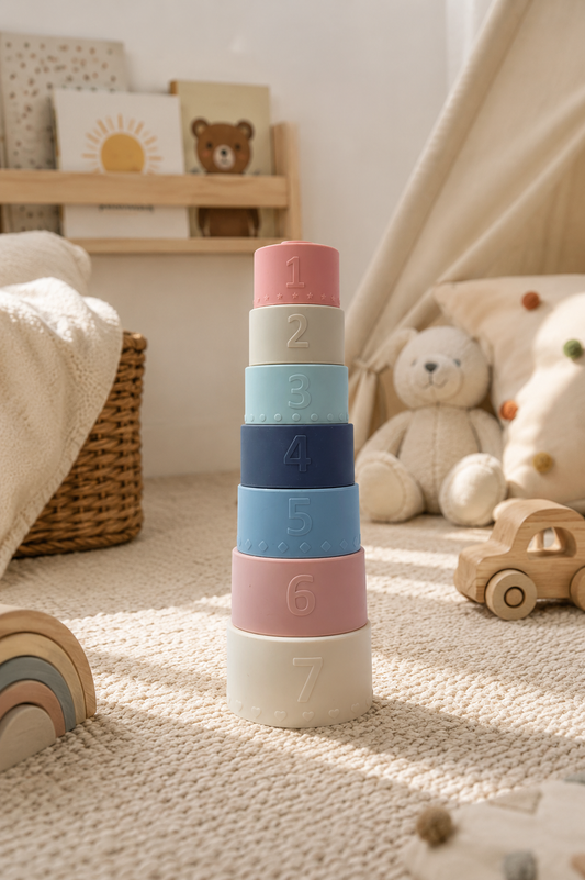 Silicone Stacking Cups - Montessori Learning Toy with Numbers (7-Piece Set, 6+ Months)
