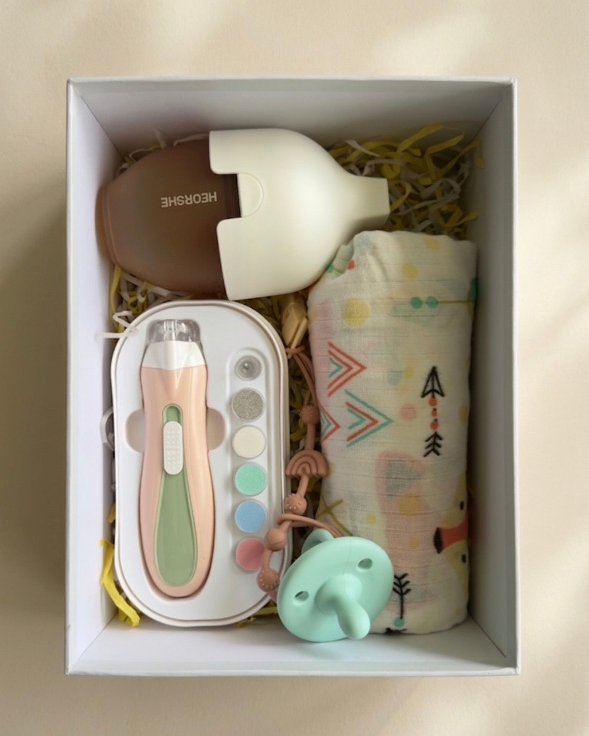 Newborn Essentials Bundle - 5-Piece Baby Starter Gift Set (Bottle, Nail trimmer, Swaddle, Pacifier & Clip)