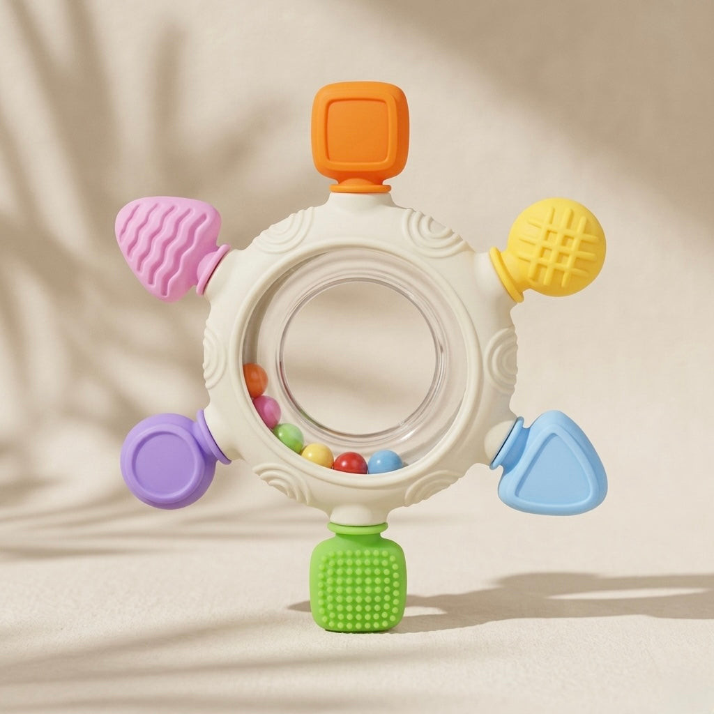Rainbow Rattle Teether - 2-in-1 Sensory Toy & Teething Relief with Sound Stimulation (3+ Months)