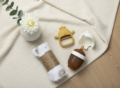 Newborn Essentials Bundle - Baby Bottle, Muslin Swaddle & Teether Gift Set (0-3 Months)