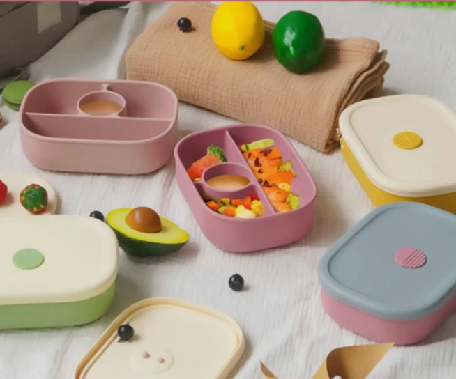 Silicone Baby Bento Box - 4-Compartment Leakproof Lunchbox with Sealed Lid, Dishwasher & Microwave Safe (18+ Months)