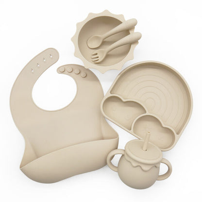 Rainbow Weaning Set - Complete 6-Piece Silicone Baby Feeding Set (Plate, Bowl, Utensils, Cup & Bib)